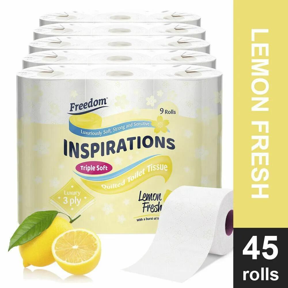 Freedom Inspirations Luxury 3Ply Toilet Roll - 45 Quilted Lemon Fresh Triple Soft and Scented Hygiene Bulk White Toilet Tissue and Loo Rolls