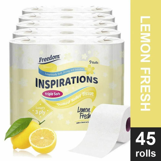 Freedom Inspirations Luxury 3Ply Toilet Roll - 45 Quilted Lemon Fresh Triple Soft and Scented Hygiene Bulk White Toilet Tissue and Loo Rolls