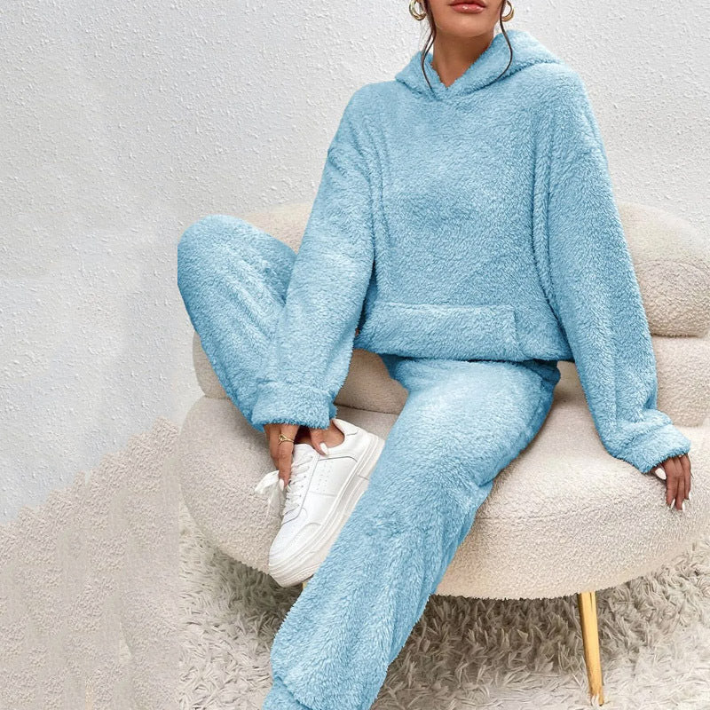 Winter Plush Pajama Set Fashion Casual Hooded Top And Elastic Band Pants Warm Sofa Carpet Home Clothes Women's Trousers Set Clothing
