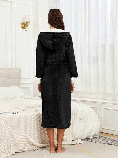 RONGTAI Womens Plush Fleece Hooded Bathrobe, Thick Nightgown Long Robe Sleepwear With Two Side Pockets And Belt