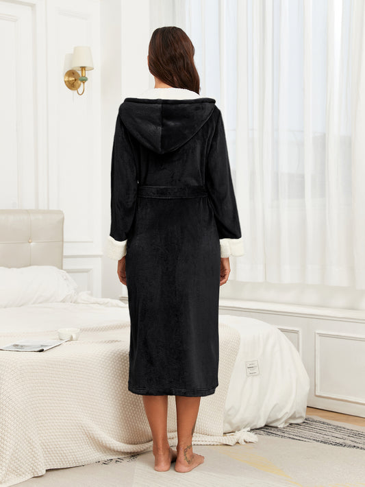 RONGTAI Womens Plush Fleece Hooded Bathrobe, Thick Nightgown Long Robe Sleepwear With Two Side Pockets And Belt