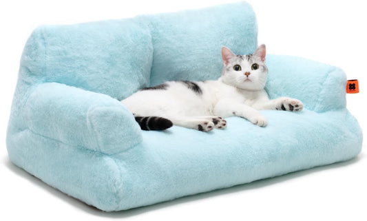MEWOOFUN Plush Cat Bed For Indoor Cats - Washable 26x19x13 Inch Pet Couch With Non-Slip Bottom, Fluffy Small Dog Bed For Puppies & Kittens, Blue
