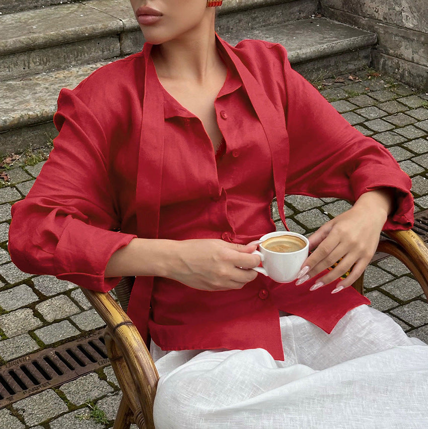 New Lace-up Waist Cotton And Linen Ribbon Shirt Women's Design Sense