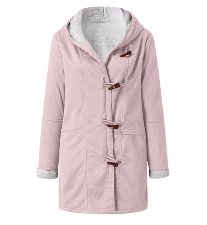 Winter Vintage Button Jackets Women's Warm Fleece Hooded Coat Casual Mid-Length Trench Top Outwear Clothing