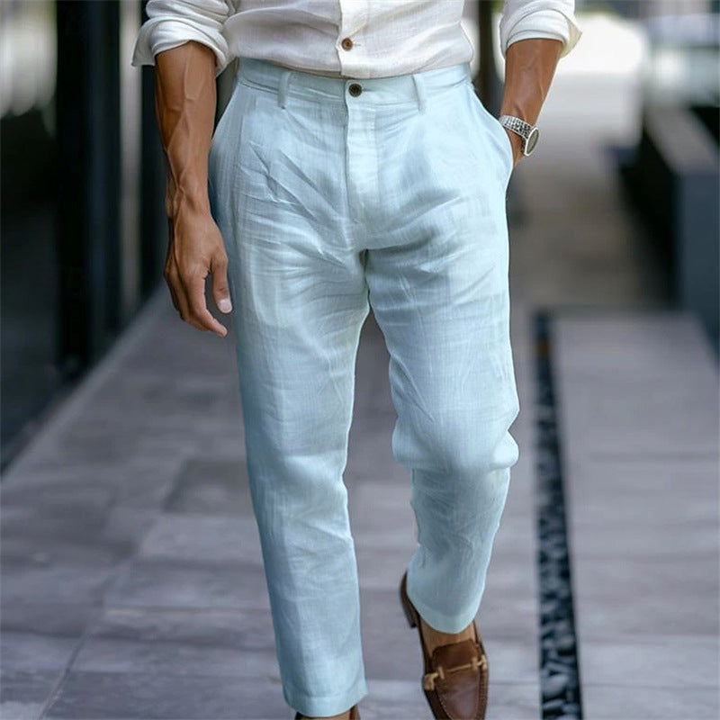 Men's Linen Trousers Solid Color Breathable Casual Pants Outdoor Clothing