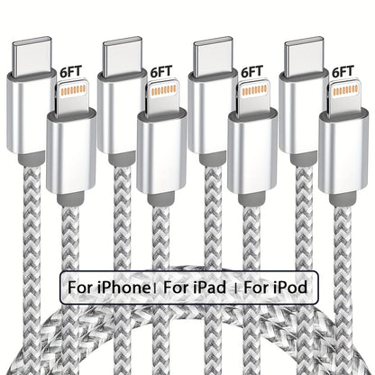 USB-C to Lightning Cable 1/2/3/4-Pack, 182.88cm Nylon Braided C-Type Fast Charging Cable for iPhone Charger, Compatible with iPhone 14/13/12/11 Pro Max in Gray and White