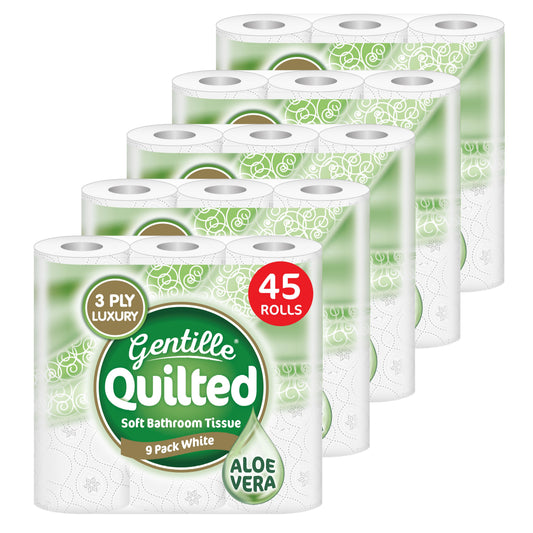 Toilet Tissue 45 rolls. Gentille Quilted Bathroom Aloe Vera Tissue Luxury 3-Ply Toilet Paper Soft, Strong & Responsibly Made in the UK