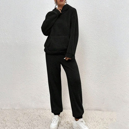 Winter Plush Pajama Set Fashion Casual Hooded Top And Elastic Band Pants Warm Sofa Carpet Home Clothes Women's Trousers Set Clothing