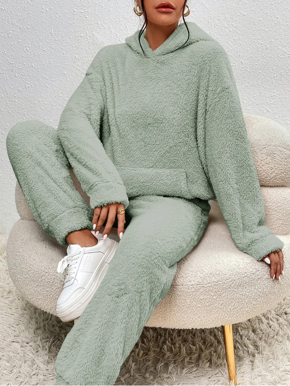 Winter Plush Pajama Set Fashion Casual Hooded Top And Elastic Band Pants Warm Sofa Carpet Home Clothes Women's Trousers Set Clothing