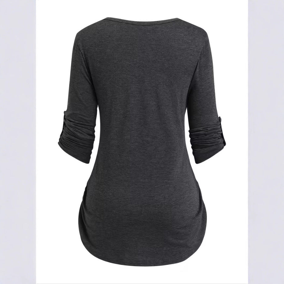 Solid Color Round Neck Long Sleeve Button Casual Beautiful Shirt Cute