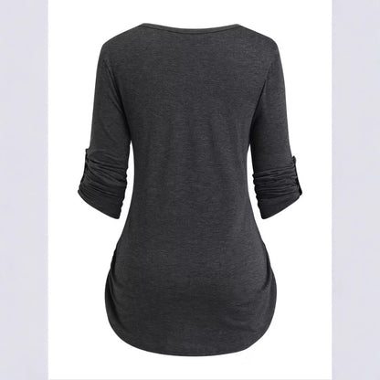 Solid Color Round Neck Long Sleeve Button Casual Beautiful Shirt Cute