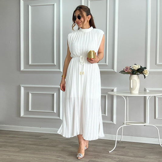 Fashionable Simple Half Turtleneck Waist-controlled Lace-up Midi Dress
