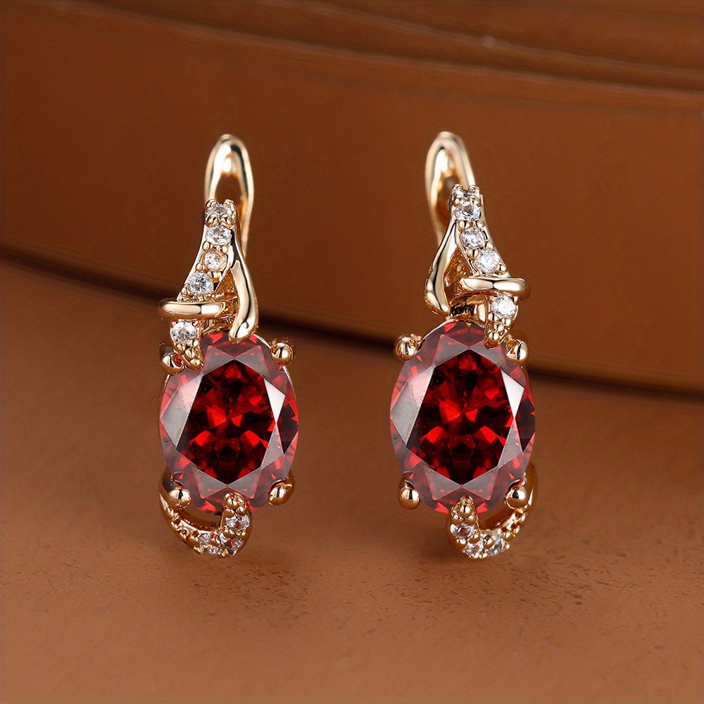 [18K Gold Plated Earrings] 18K Gold Plated Blue Stone Stud Earrings | Trendy Round Oval Cut White Blue Red Pink Stone Drop Earrings | Anniversary Claw Earrings Jewelry for Women