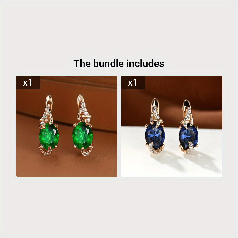[18K Gold Plated Earrings] 18K Gold Plated Blue Stone Stud Earrings | Trendy Round Oval Cut White Blue Red Pink Stone Drop Earrings | Anniversary Claw Earrings Jewelry for Women