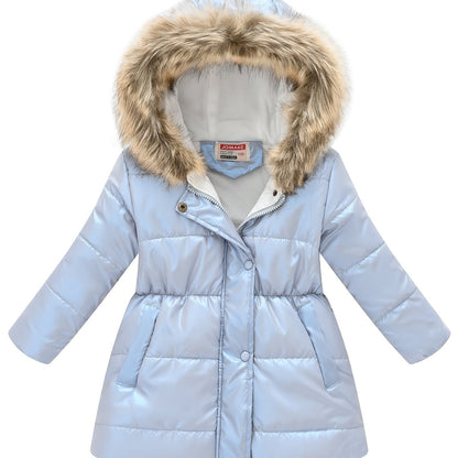 Children's Winter New Style Thickened Glossy Hooded Jacket for Boys and Girls, Mid-Length