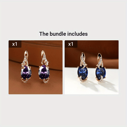 [18K Gold Plated Earrings] 18K Gold Plated Blue Stone Stud Earrings | Trendy Round Oval Cut White Blue Red Pink Stone Drop Earrings | Anniversary Claw Earrings Jewelry for Women