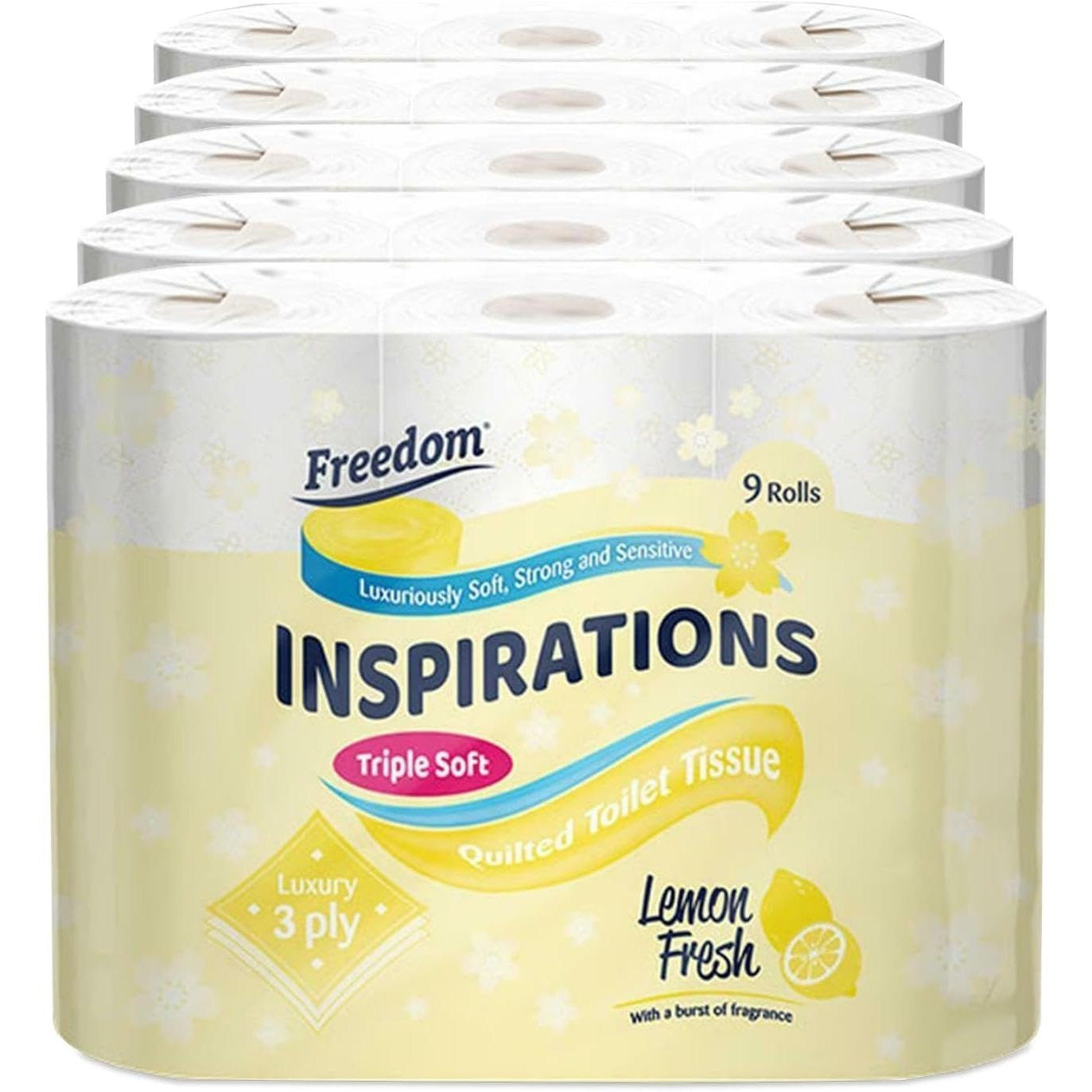 Freedom Inspirations Luxury 3Ply Toilet Roll - 45 Quilted Lemon Fresh Triple Soft and Scented Hygiene Bulk White Toilet Tissue and Loo Rolls