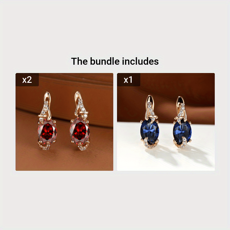 [18K Gold Plated Earrings] 18K Gold Plated Blue Stone Stud Earrings | Trendy Round Oval Cut White Blue Red Pink Stone Drop Earrings | Anniversary Claw Earrings Jewelry for Women