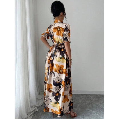 Womens Blouse-collar Puff-sleeve Cross-tie Waist Printed Dress