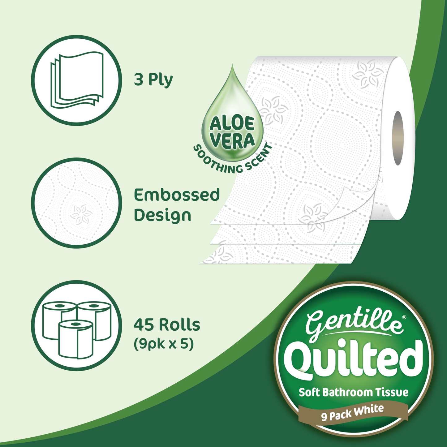 Toilet Tissue 45 rolls. Gentille Quilted Bathroom Aloe Vera Tissue Luxury 3-Ply Toilet Paper Soft, Strong & Responsibly Made in the UK