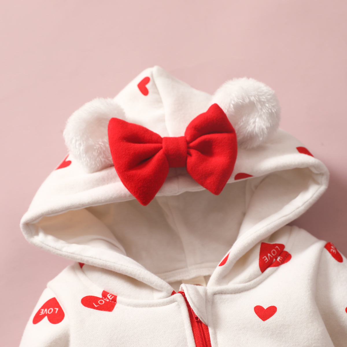 1pc Baby Girl'S Sweetheart-Themed Long-Sleeve Zip-Up Jumpsuit with Red Heart Print & Hood - Cozy Polyester, Ideal for Valentine'S Day, Infant Clothing|Playful Design|Zipup Jumpsuit, for Outdoor