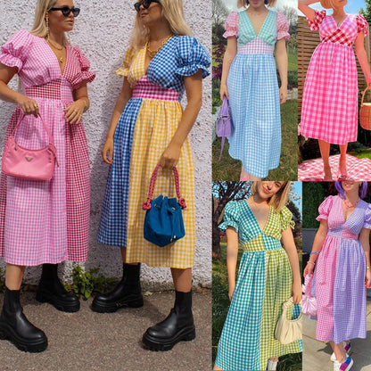New Design-Driven Niche Summer Thin Plaid V-Neck Dress