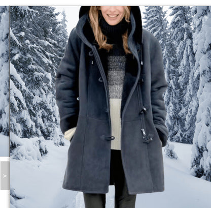 Winter Vintage Button Jackets Women's Warm Fleece Hooded Coat Casual Mid-Length Trench Top Outwear Clothing