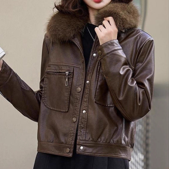 Fleece-lined Thickened Western Style Fashion Short Lapel PU Women's Coat