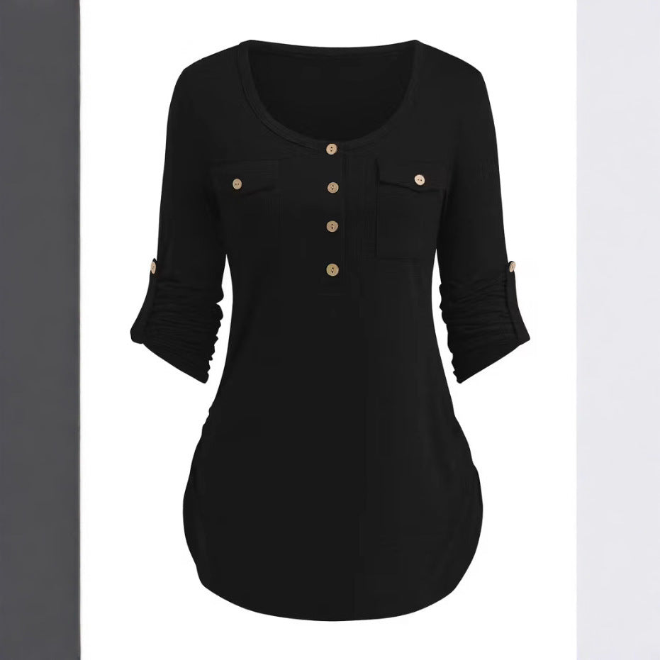 Solid Color Round Neck Long Sleeve Button Casual Beautiful Shirt Cute