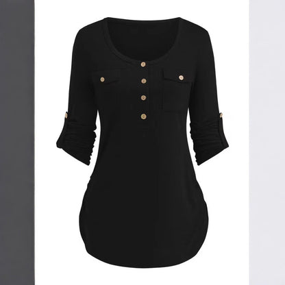 Solid Color Round Neck Long Sleeve Button Casual Beautiful Shirt Cute
