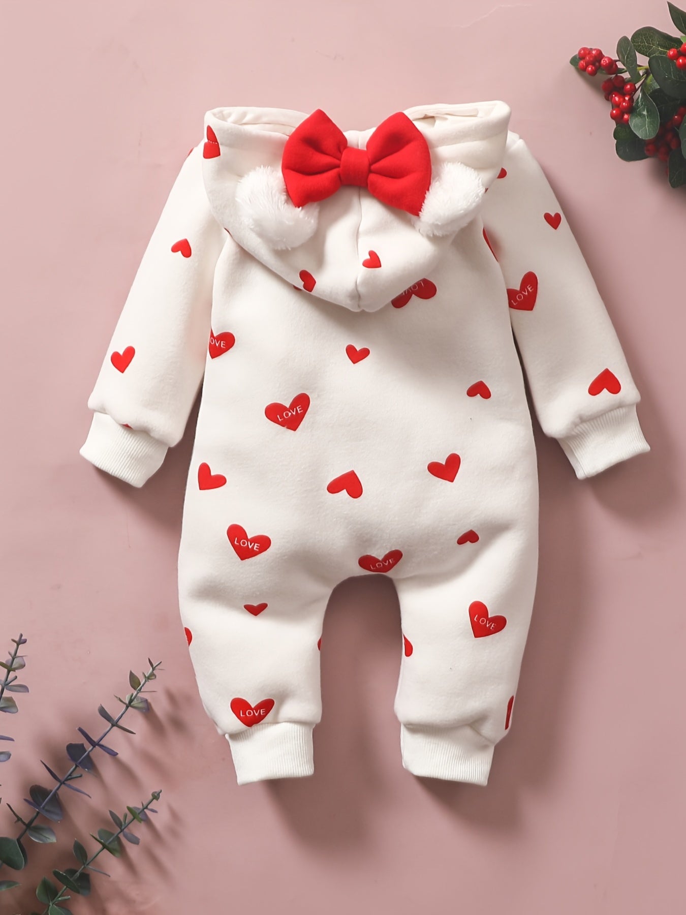 1pc Baby Girl'S Sweetheart-Themed Long-Sleeve Zip-Up Jumpsuit with Red Heart Print & Hood - Cozy Polyester, Ideal for Valentine'S Day, Infant Clothing|Playful Design|Zipup Jumpsuit, for Outdoor