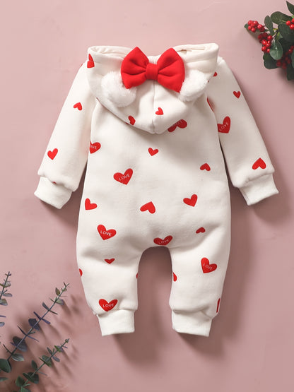 1pc Baby Girl'S Sweetheart-Themed Long-Sleeve Zip-Up Jumpsuit with Red Heart Print & Hood - Cozy Polyester, Ideal for Valentine'S Day, Infant Clothing|Playful Design|Zipup Jumpsuit, for Outdoor