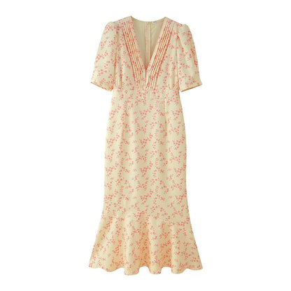 Summer New French-style Sweet Design Slim-fit Puff-sleeve Floral Print Dress