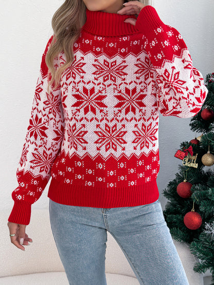 Snowflake Pattern Lantern Sleeve Turtleneck Pullover Sweater